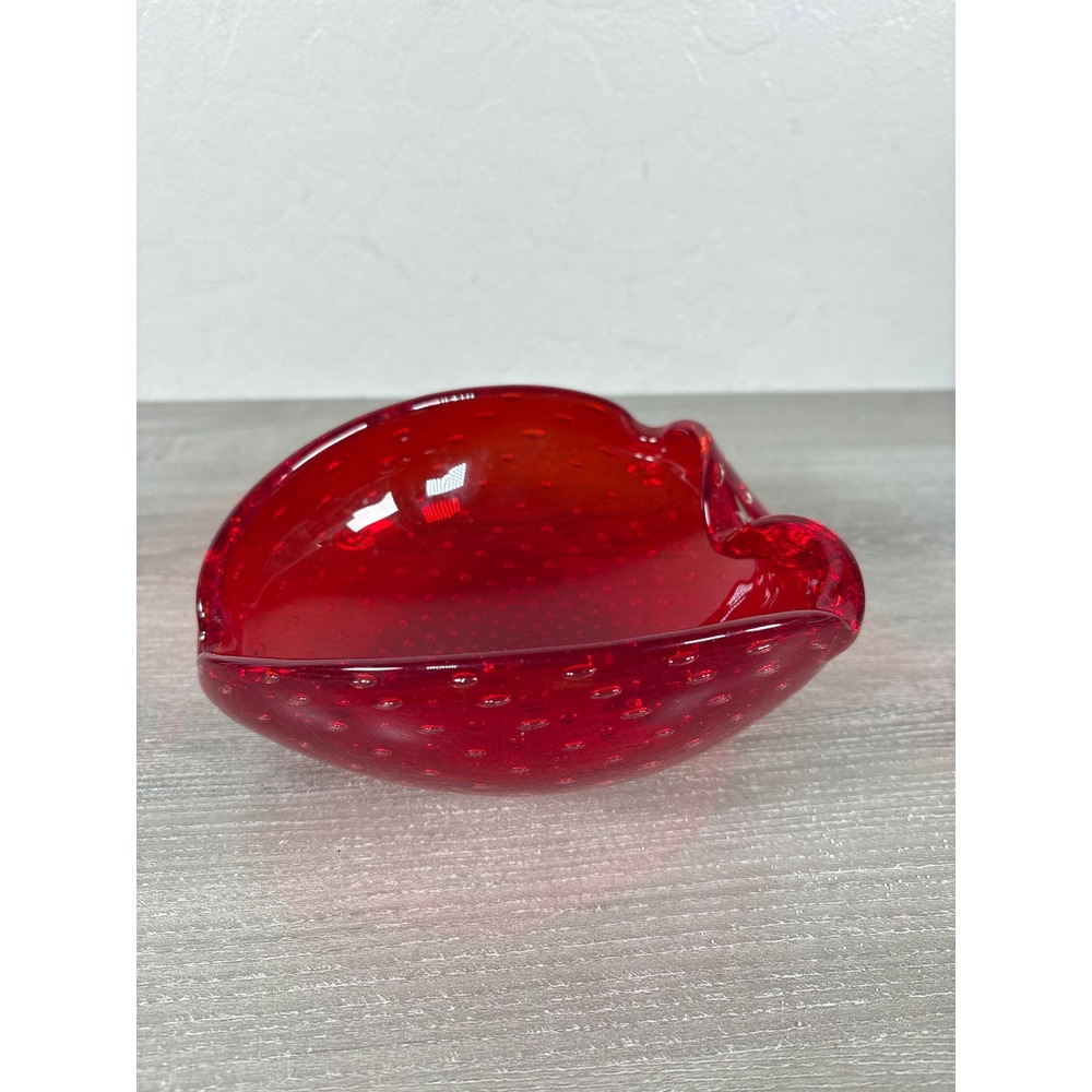 Vintage Red Art Glass Strawberry Bowl Bullicante Controlled Bubble Murano Style